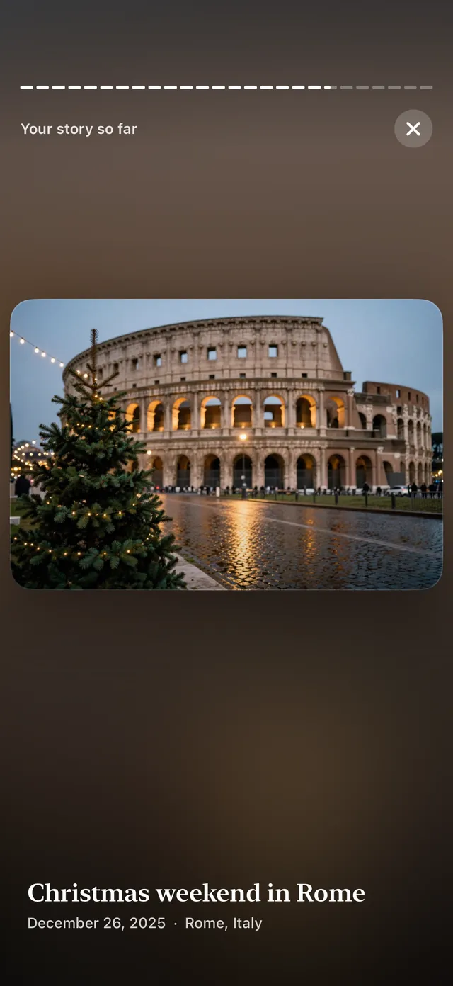 Story replay: a wide photo of the Colosseum shown whole over a soft blur of itself, for “Christmas weekend in Rome”, December 26, 2025, in Rome, Italy.
