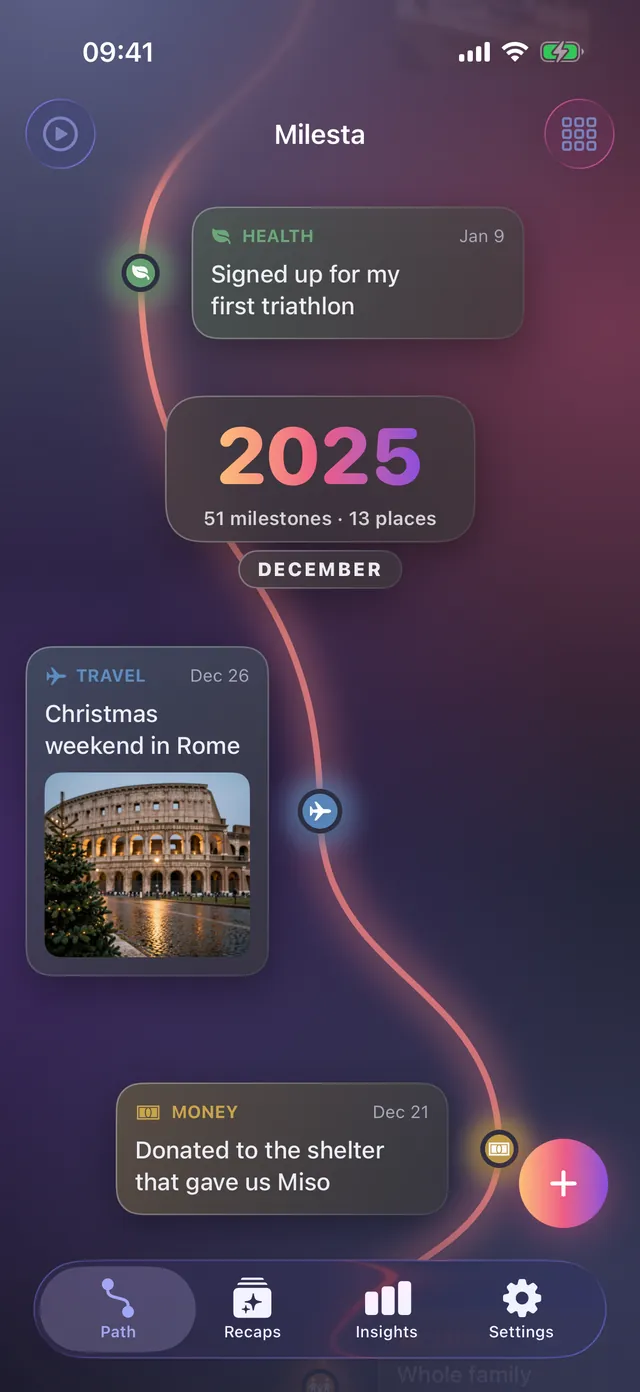 The Wrapped design: frosted glass cards along a glowing path, with the year 2025 set large in a sunset-to-violet gradient.